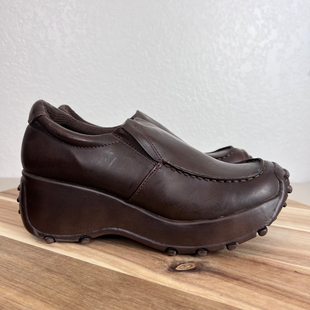 Y2K Lower East Side Platform Loafers Womens 8 W Brown Faux Leather Grunge Chunky